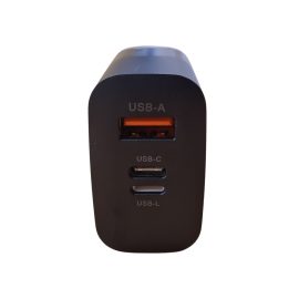   Univerzális 65W-os Telefon és tablet gyorstöltő, 1x USB, 1x USB-C, 1x Lightning, fekete (PD QC 3.0)