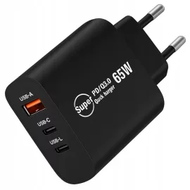   Univerzális 65W-os Telefon és tablet gyorstöltő, 1x USB, 1x USB-C, 1x Lightning, fekete (PD QC 3.0)