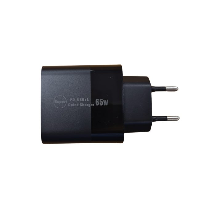 Univerzális 65W-os Telefon és tablet gyorstöltő, 1x USB, 1x USB-C, 1x Lightning, fekete (PD QC 3.0)