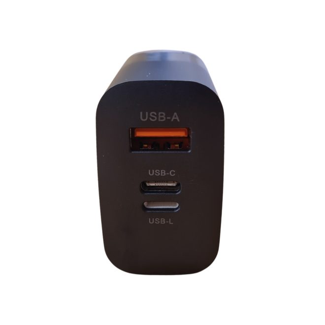 Univerzális 65W-os Telefon és tablet gyorstöltő, 1x USB, 1x USB-C, 1x Lightning, fekete (PD QC 3.0)