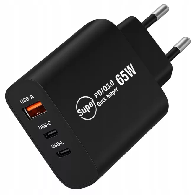 Univerzális 65W-os Telefon és tablet gyorstöltő, 1x USB, 1x USB-C, 1x Lightning, fekete (PD QC 3.0)