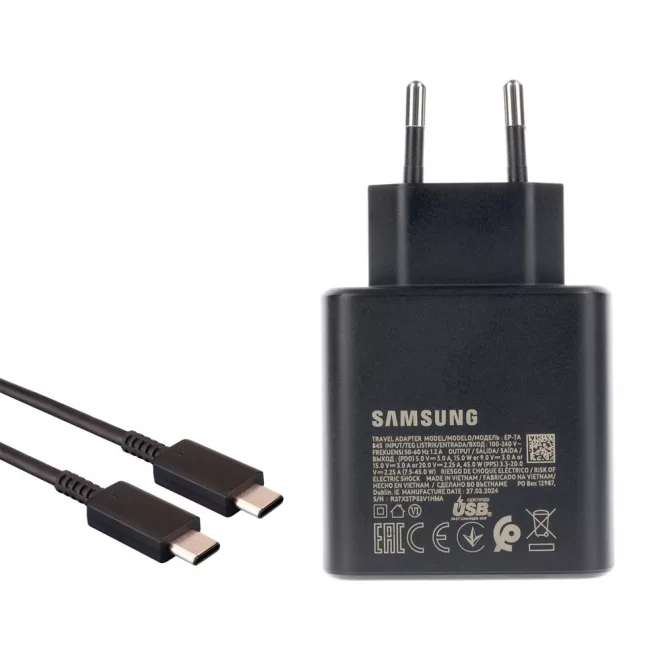 Samsung 45W Gyári Gyorstöltő USB-C Fekete + 1,8m USB-C gyári töltő kábel (EP-T4511XBE)