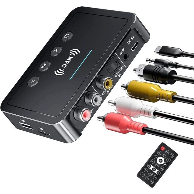 3 az 1-ben Bluetooth 5.0 audio Adó/Vevő adapter NFC csatlakozási lehetőséggel, beépített mikrofonnal (M6)