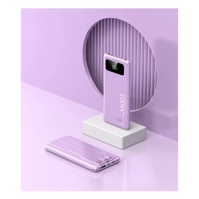 20000mAh Power Bank 100W-os, Digitális kijelző, LED lámpa, USB + USB-C + Lightning csatlakozó, Lila (BLACKBIRD) 