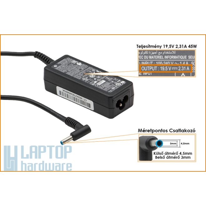 Tartalék gyári töltő HP 19.5V 2.31A 45W vékony center-pin