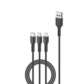   3in1 1,2m Telefon Gyors Töltő Kábel 2,4A Fekete, USB to USB-C MicroUSB Lightning (FONENG - X36)