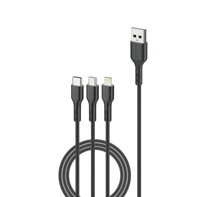 3in1 1,2m Telefon Gyors Töltő Kábel 2,4A Fekete, USB to USB-C MicroUSB Lightning (FONENG - X36)