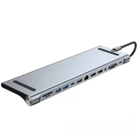   MacBook-hoz USB-C HUB 12 portos USB elosztó, dokkoló 2x USB-C, 2xHDMI, VGA, SD/microSD kártya olvasó, RJ-45 (Internet), 3,5mm audio, 1db USB 3.0 2db USB 2 portokkal