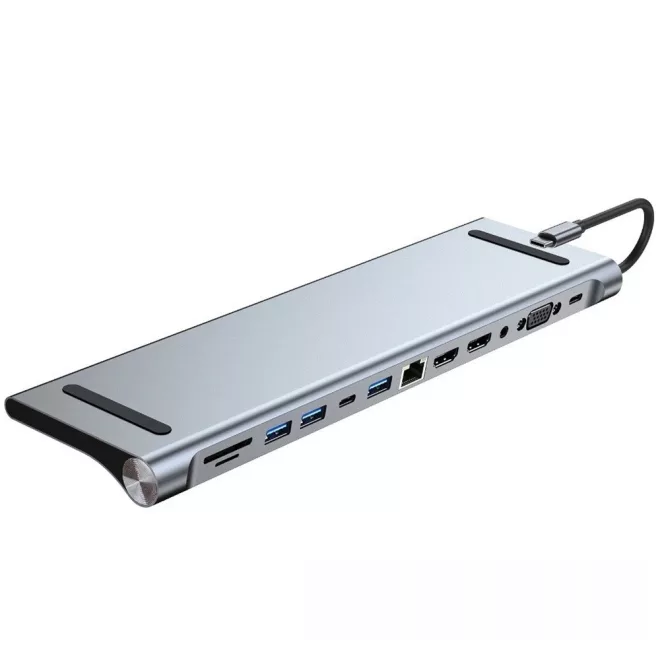 MacBook-hoz USB-C HUB 12 portos USB elosztó, dokkoló 2x USB-C, 2xHDMI, VGA, SD/microSD kártya olvasó, RJ-45 (Internet), 3,5mm audio, 1db USB 3.0 2db USB 2 portokkal