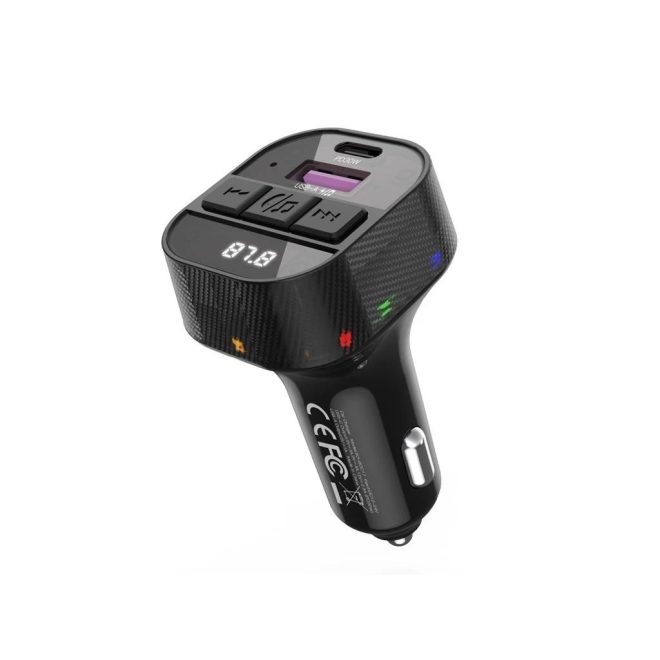 Szivargyújtós Autós FM Transmitter 30W USB-C és USB-A telefon gyors töltővel, MP3 lejátszás (XO - BCC17)