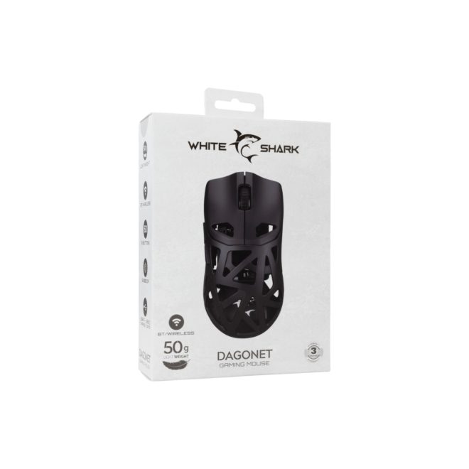 White Shark DAGONET vezeték nélküli Gamer Egér 12000 DPI, Fekete, Könnyű Váz, 1,8m USB-C töltőkábellel (WGM-5019B)