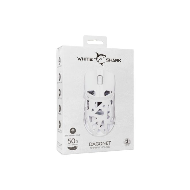 White Shark DAGONET vezeték nélküli Gamer Egér 12000 DPI, Fehér, Könnyű Váz, 1,8m USB-C töltőkábellel (WGM-5019W)