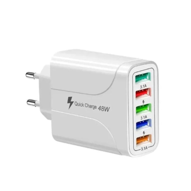 Univerzális 48W-os telefon, tablet és fényképezőgép 5db USB csatlakozós gyors töltő, fehér