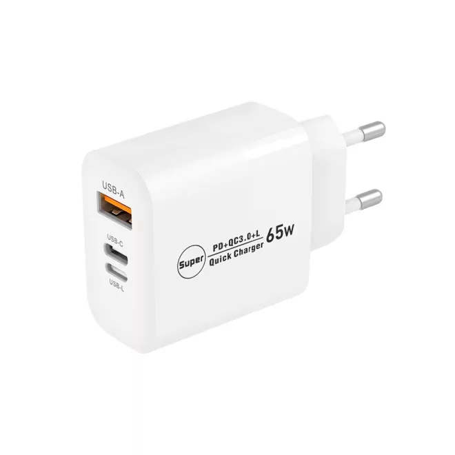 Univerzális 65W-os Telefon és tablet gyorstöltő, 1x USB, 1x USB-C, 1x Lightning, fehér (PD QC 3.0)