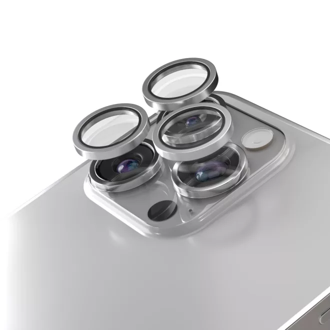 Apple iPhone 15 Pro / 15 Pro Max-hoz kamera lencse védő üveg – 3 db szürke színű készlet, karc- és ütésálló védelem, pontos illeszkedés a tiszta és éles fotók megőrzéséhez