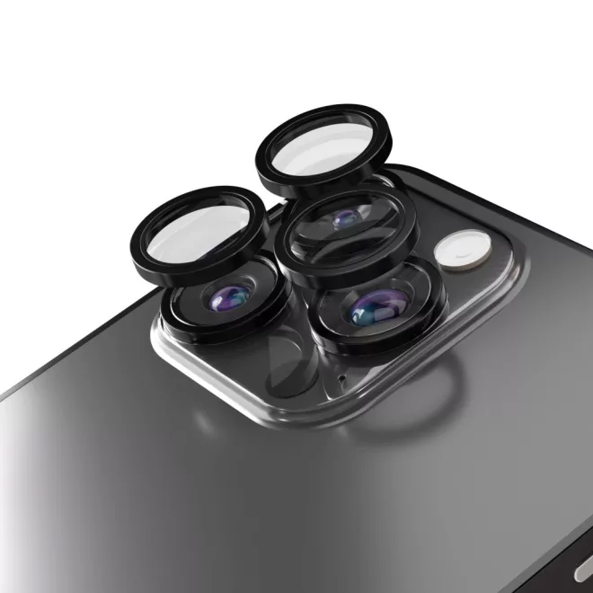 Apple iPhone 16 Pro / 16 Pro Max-hoz kamera lencse védő üveg – 3 db fekete színű készlet, karc- és ütésálló védelem, pontos illeszkedés a tiszta és éles fotók megőrzéséhez