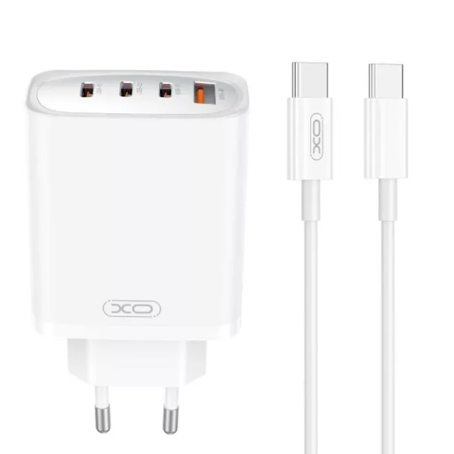 Univerzális 65W-os Telefon és Tablet Gyorstöltő 65W, 3db USB-C 1db USB kimenettel, USB-C kábellel,fehér (XO CE23)