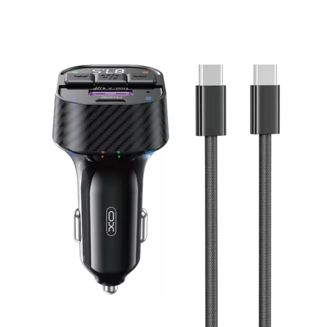 Szivargyújtós Autós FM Transmitter 30W USB-C és USB-A telefon gyors töltővel, MP3 lejátszás + USB-C / USB-C kábel (XO - BCC17)