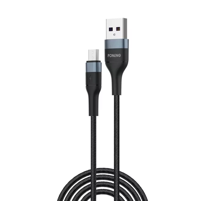 2m USB - MicroUSB cipőfűző mintás összekötő kábel, Fekete (Foneng - X51)