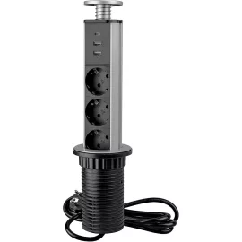   Asztallapba, bútorlapba süllyeszthető 3db aljzatos rejtett kör alakú konnektor + 2db USB + 1db USB-C töltővel, 1,8m kábellel