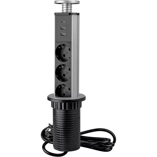 Asztallapba, bútorlapba süllyeszthető 3db aljzatos rejtett kör alakú konnektor + 2db USB + 1db USB-C töltővel, 1,8m kábellel