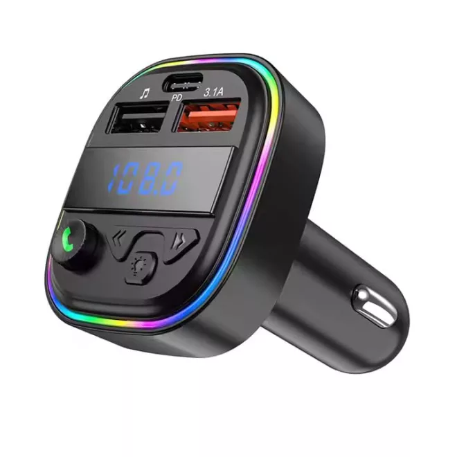 Szivargyújtós FM Transmitter Bluetooth 5.3, MP3 lejátszó 2xUSB 3.1 + USB-C autós töltő, telefon töltő, kihangosító, Rainbow LED (C17)