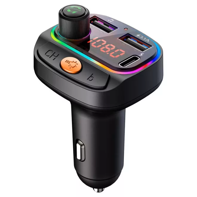 Szivargyújtós FM Transmitter Bluetooth 5.0, MP3 lejátszás USB és USB-C bemenettel, USB 3.1A telefon gyors töltővel (C15)