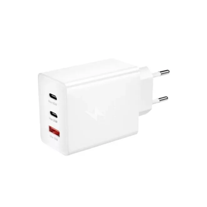 Univerzális 65W-os Telefon és tablet gyorstöltő, 2x USB-C, 1x USB, fehér