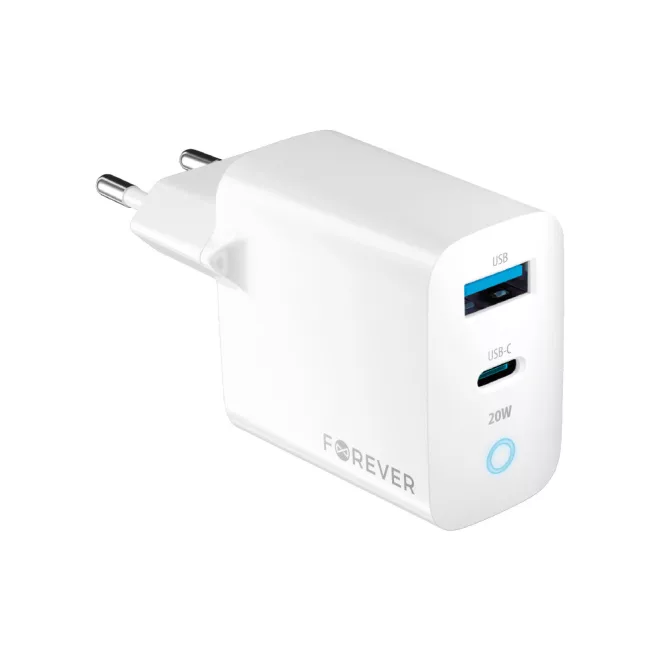 Univerzális 20W USB és USB-C PD QC Gyors töltő telefonhoz, tablethez, kamerához és fényképezőgéphez (Forever - TC-06-20AC)