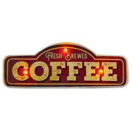   Fresh Brewed Coffee feliratos LED neon lámpa - falra akasztható dekor világítás retro fém tábla design-al, USB csatlakozóval, hangulatos és energiatakarékos kiegészítő otthonra vagy ajándékba