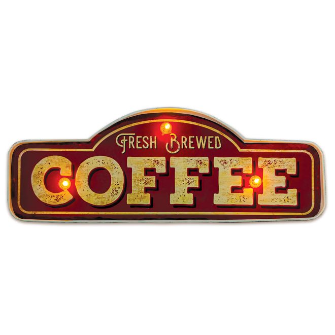 Fresh Brewed Coffee feliratos LED neon lámpa - falra akasztható dekor világítás retro fém tábla design-al, USB csatlakozóval, hangulatos és energiatakarékos kiegészítő otthonra vagy ajándékba