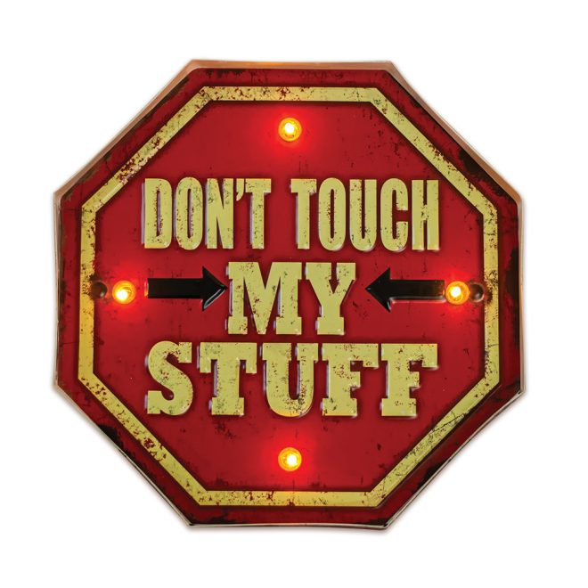 Dont Touch MY STUFF feliratos LED neon lámpa - falra akasztható dekor világítás retro fém tábla design-al, USB csatlakozóval, hangulatos és energiatakarékos kiegészítő otthonra vagy ajándékba