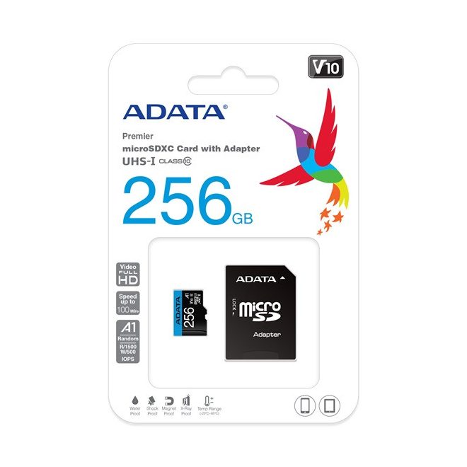 ADATA 256GB UHS-I MicroSDXC kártya + adapter, Class10 A1 V10, Olvasás: 100  MB/s, Írás: 25 MB/s, (AUSDX256GUICL10A1-RA1)