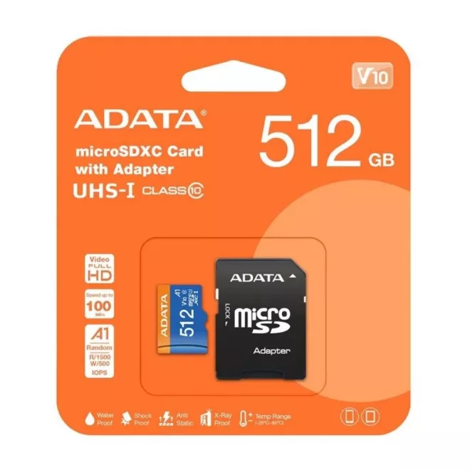 Adata 512GB microSDXC kártya + adapter, UHS-I U1 Class 10 V Olvasás: 100 Mbps Írás 25 Mbps (AUSDX512GUICL10A1-RA1)