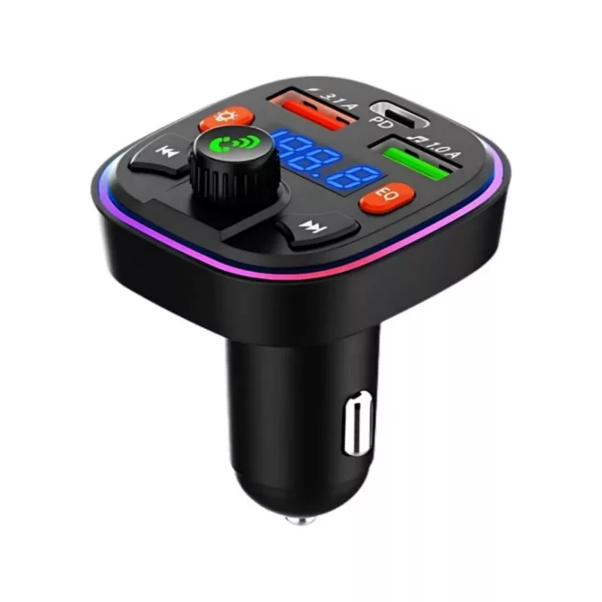 Szivargyújtós Autós FM Transmitter Bluetooth 20W USB-C és USB-A telefon gyors töltővel, Rainbow LED világítás, MP3 lejátszás, TF kártyaolvasó