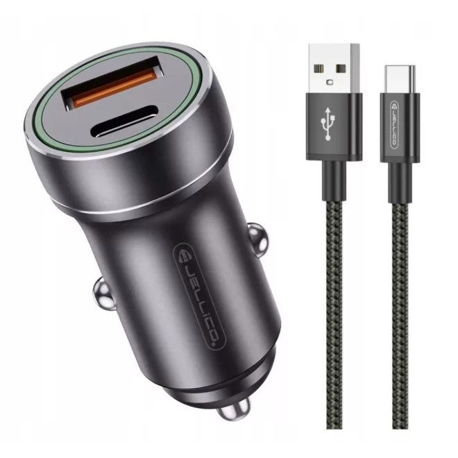 Autós USB-C PD 20W + USB QC3.0 18W töltő adapter szivargyújtó aljzat + USB-C kábel - praktikus és kompakt megoldás telefonok, navigációs eszközök és más készülékek gyors töltésére útközben (Jellico — F4)