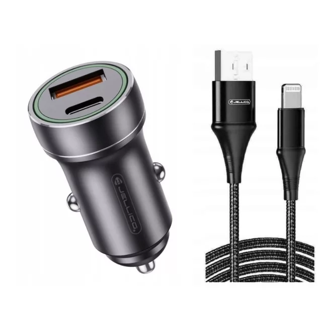 Autós USB-C PD 20W + USB QC3.0 18W töltő adapter szivargyújtó aljzat + Lightning kábel - praktikus és kompakt megoldás telefonok, navigációs eszközök és más készülékek gyors töltésére útközben (Jellico — F4)