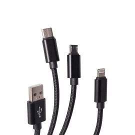   3in1 1,2m Telefon Gyors Töltő Kábel 2A Fekete, USB to USB-C MicroUSB Lightning