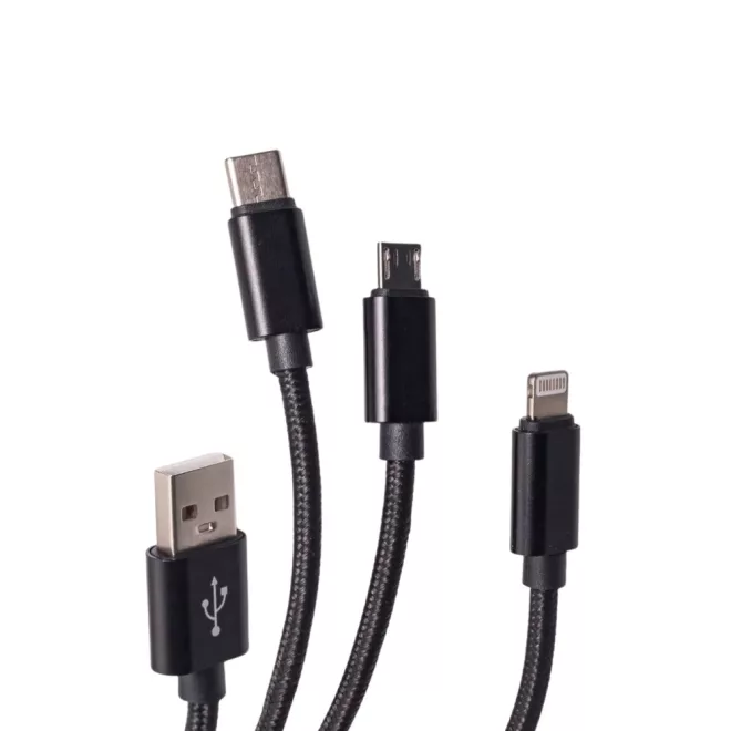 3in1 1,2m Telefon Gyors Töltő Kábel 2A Fekete, USB to USB-C MicroUSB Lightning