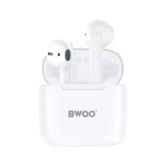 BWOO BW94-WH vezeték nélküli sztereó fülhallgató Bluetooth 5.3 technológiával - fehér színben, töltőtokkal, kristálytiszta hangzással és kényelmes használattal