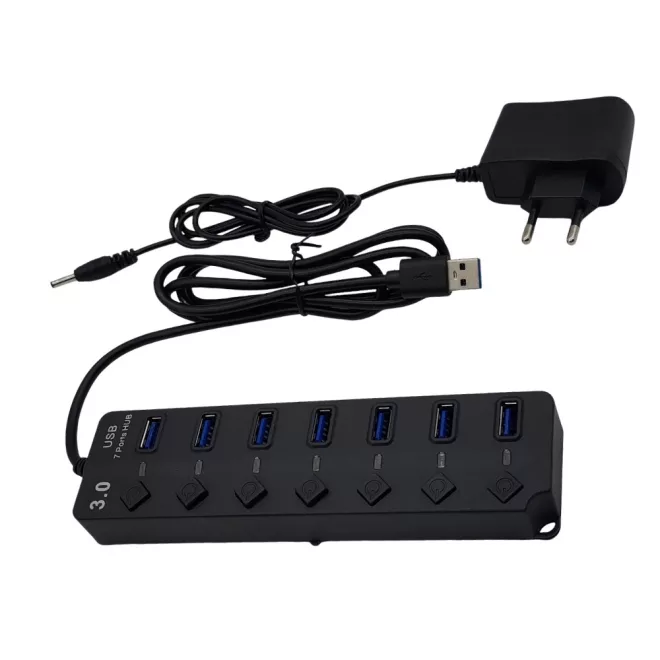 USB elosztó HUB 7db USB 3.0 porttal, tápegységgel, mindegyik USB külön kapcsolóval
