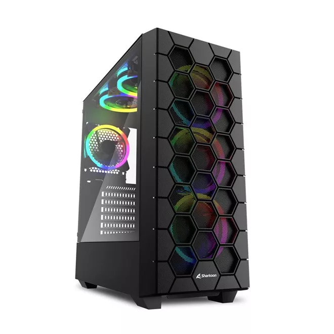 Sharkoon Számítógépház - RGB HEX (fekete; alsó táp; ATX,mATX; mITX; 6x120mm RGB LED; 2xUSB3.0 + 2xType-C Gen 2; I/O)