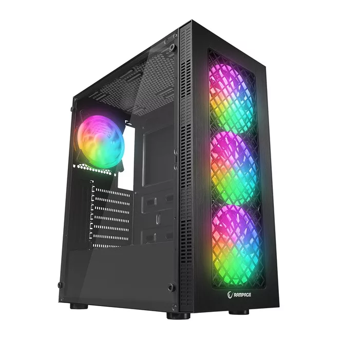 Rampage Számítógépház - PLAID V1 (fekete; üveg; ATX; alsó táp; 4x120mm RGB, 1xUSB3.0 + 2xUSB2.0)
