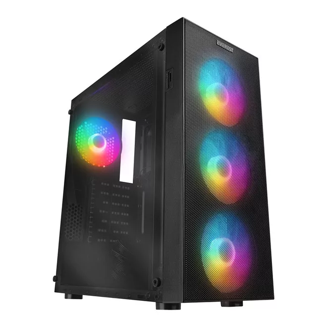 Everest Számítógépház - FACED V1 (fekete; üveg; ATX; alsó táp; 4x120mm LED; 1xUSB3.0 + 2xUSB2.0)