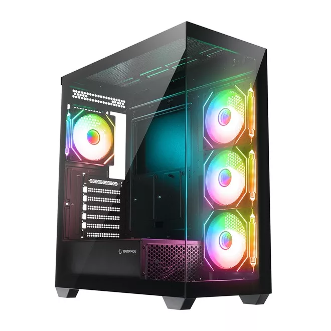 Rampage Számítógépház - HYDRA V4 (fekete; üveg; ATX; alsó táp; 4x120mm RGB, 1xUSB3.0 + 2xUSB2.0)