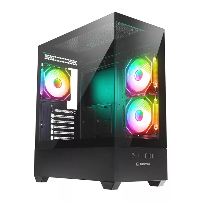 Rampage Számítógépház - CALIBRE (fekete; üveg; mATX; alsó táp; 3x120mm RGB, 1xUSB3.0 + 2xUSB2.0)