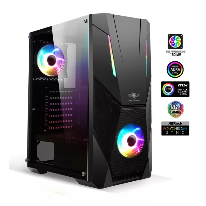 Spirit of Gamer Számítógépház - Rogue V RGB (fekete, ablakos, 2x12cm ventilátor, alsó táp,  ATX, 1xUSB3.0, 2xUSB2.0)