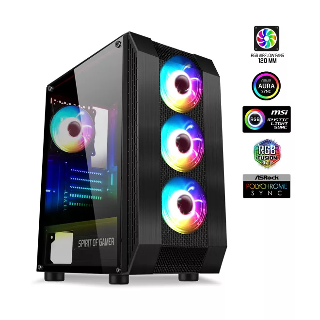 Spirit of Gamer Számítógépház - Rogue VI RGB (fekete, ablakos, 4x12cm ventilátor, alsó táp,  ATX, 1xUSB3.0, 2xUSB2.0)