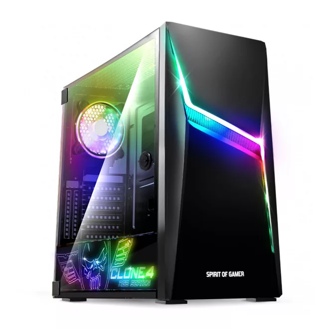 Spirit of Gamer Számítógépház - CLONE 4 Black (fekete, ablakos, 2x12cm ventilátor, alsó táp,  ATX, 1xUSB3.0, 2xUSB2.0)