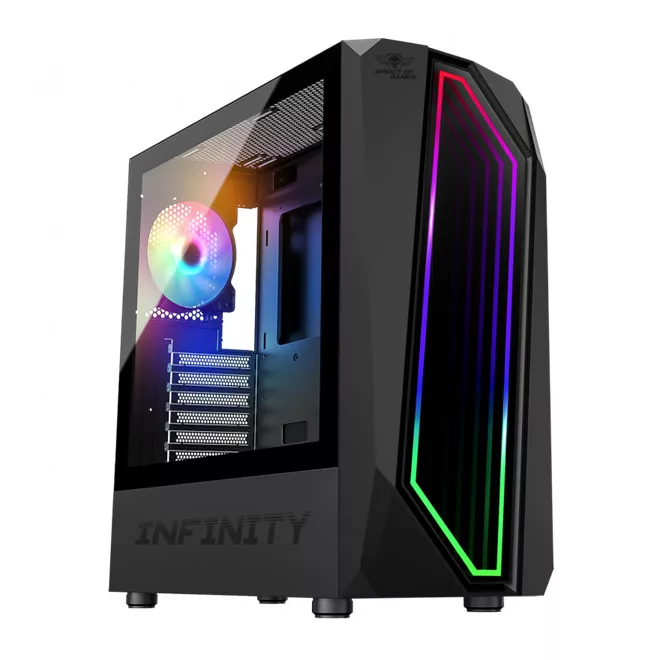 Spirit of Gamer Számítógépház - INFINITY Black (fekete, ablakos, 2x12cm ventilátor, alsó táp,  ATX, 1xUSB3.0, 2xUSB2.0)